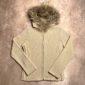 Love Sex Money Faux Fur Hooded Sweater Cream Knit Zip Up Indie Sleaze McBling